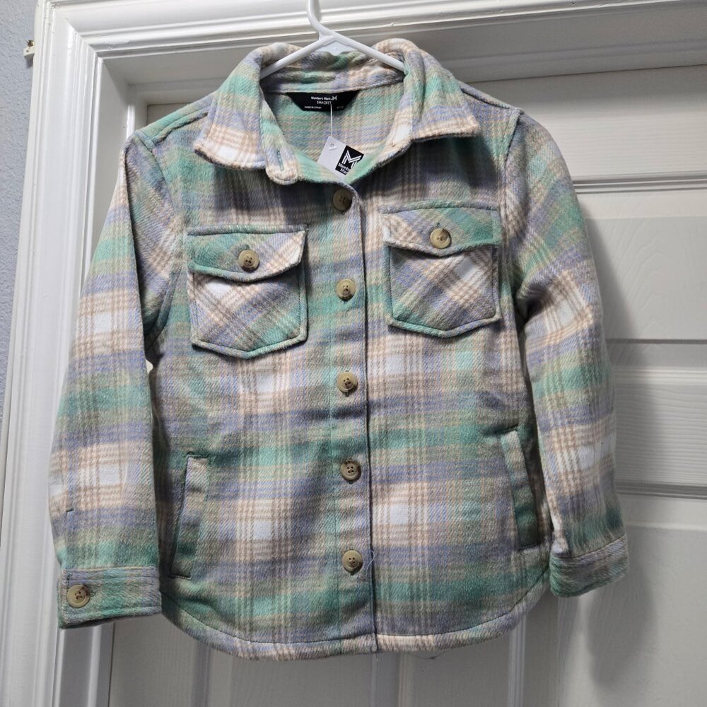 Kid Girls Aqua & Gray Plaid Pattern Shacket size 7/8